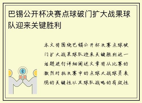 巴锡公开杯决赛点球破门扩大战果球队迎来关键胜利